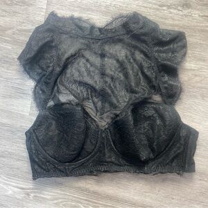 Black Sheer Lace Longline Bra Top Underwire Bustier Lingerie Adjustable Straps
